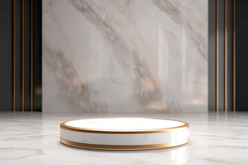 marble round podium or pedestal with gold rings, white marble background, template mockup for cosmetic display, geometric of cylinder shape. Generative ai edited