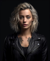 Portrait of Beautiful Woman with Tattoos in Leather Jacket Photo Wallpaper, hyper realistic, shallow depth of field, cinematic, Generative AI