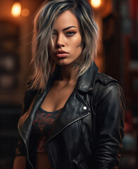 Portrait of Beautiful Woman with Tattoos in Leather Jacket Photo Wallpaper, hyper realistic, shallow depth of field, cinematic, Generative AI