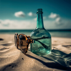 Fototapeta na wymiar sunglasses inside a glass bottle in a tropical image