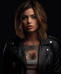 Portrait of Beautiful Woman with Tattoos in Leather Jacket Photo Wallpaper, hyper realistic, shallow depth of field, cinematic, Generative AI
