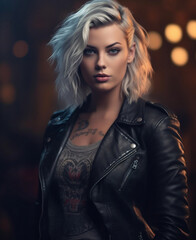 Portrait of Beautiful Woman with Tattoos in Leather Jacket Photo Wallpaper, hyper realistic, shallow depth of field, cinematic, Generative AI
