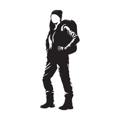 Young woman goes hiking with a backpack on her back. Isolated vector silhouette, ink drawing