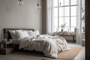 Cozy Scandinavian design with bedroom and bed. Ai generated