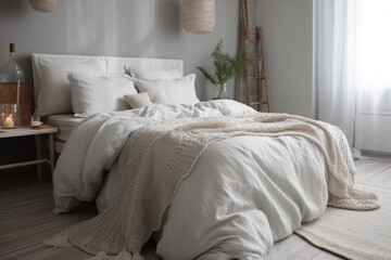 Fototapeta na wymiar Cozy Scandinavian design with bedroom and bed. Ai generated