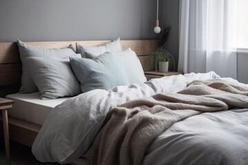 Fototapeta na wymiar Cozy Scandinavian design with bedroom and bed. Ai generated