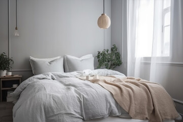 Cozy Scandinavian design with bedroom and bed. Ai generated