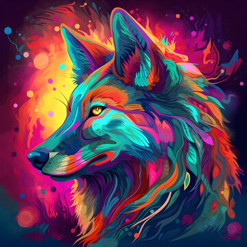 Psychadelic colorful wolf ilustration AI generated