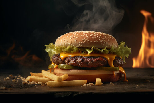 Tasty and delicious hamburger product photography. Ai generated