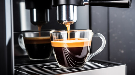 Close-up of espresso pouring from coffee machine. Professional coffee brewing illustration generative ai