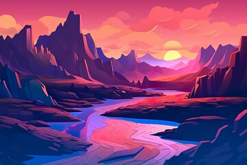 Fantasy landscape with mountains and a lake at sunset, a vector illustration enhanced by Generative AI