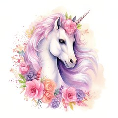 watercolor white unicorn with flowers with Generative AI technology