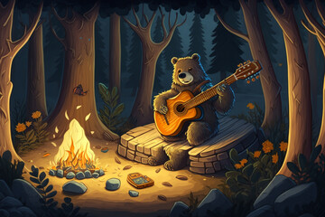 Funny bear playing the guitar in the forest at the camp fire at night. Ai generated