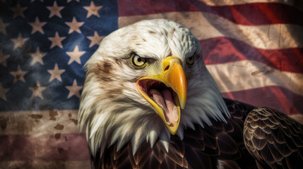 Fototapeta premium American bald eagle and American flag created with Generative AI
