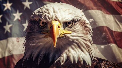 Portrait of a bald eagle with American flag created with Generative AI