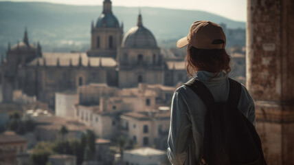 Naklejka premium Tourism in Spain- Woman tourist standing, looking at cathedral of Jaen city in Andalusia Generative AI