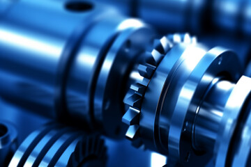 machine parts, gear wheels, cogs and ball bearings against steel, blue toning concept ai generative