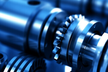 Fototapeta premium machine parts, gear wheels, cogs and ball bearings against steel, blue toning concept ai generative