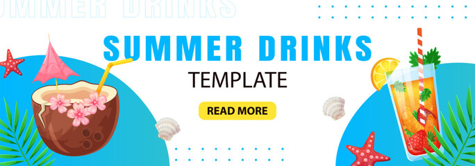 Creative summer sale banner in trendy colors with cocktails, summer drinks. Season promotion. Vector vertical template.