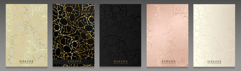 Set of elegant covers. Golden floral pattern on beige, black, white and pink background. Botanical outline design, gradient and metallic effect.