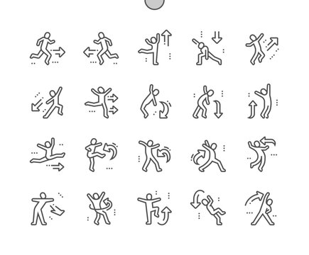 Human movement. Different position standing. Exercise, sport, figure, people. Pixel Perfect Vector Thin Line Icons. Simple Minimal Pictogram