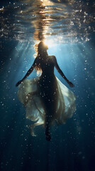 Woman in dress floating underwater - Generative Ai