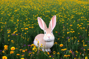 Fototapeta premium ai-generated, illustration of a cute rabbit sitting in a field with flowers