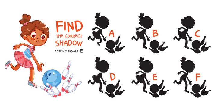 Find the correct shadow. Bowling. Educational game for children. Choose correct answer. Matching game. Colorful cartoon characters. Funny vector illustration. Isolated on white background