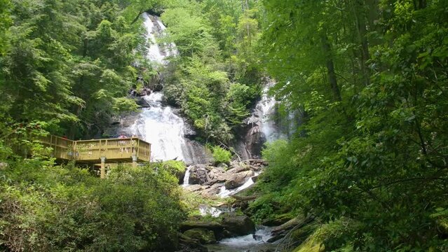 Georgia Anna Ruby Falls  An overall view of Anna Ruby falls with trees rocks and observation deck