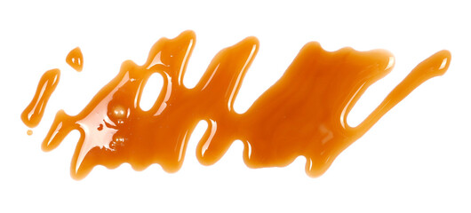 Cream dessert sauce, chocolate flavored dessert topping, puddle isolated on white, top view