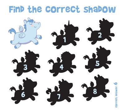 Find the correct shadow. Pony. Educational game for children. Choose correct answer. Matching game. Colorful cartoon characters. Funny vector illustration. Isolated on white background