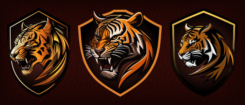 Luxury tiger shield collection, tiger head mascot, abstract tiger logo set, vector design