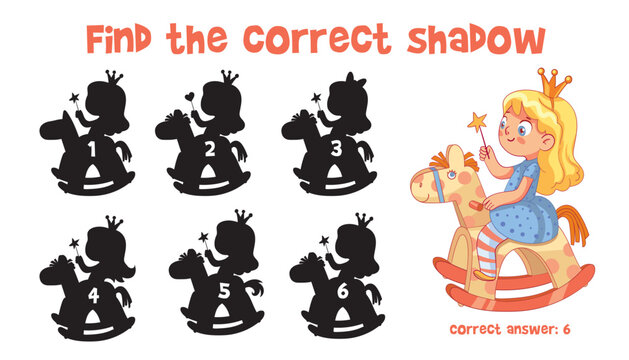 Find the correct shadow. Girl riding wooden rocking horse. Educational game for children. Choose correct answer. Matching game. Cartoon characters. Funny vector illustration. Isolated white background
