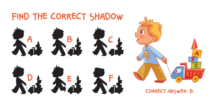 Find the correct shadow. Boy with a toy truck. Educational game for children. Choose correct answer. Matching game. Colorful cartoon characters. Funny vector illustration. Isolated on white background