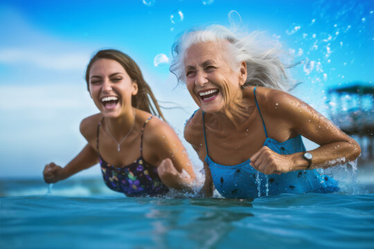 grandmother with granddaughter having fun in the ocean, generative ai