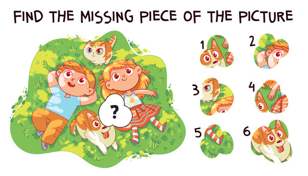 Find the missing piece of the picture. Children and their pets lying on the grass. Educational game for children. Choose correct answer. Matching game. Colorful cartoon characters. Funny illustration