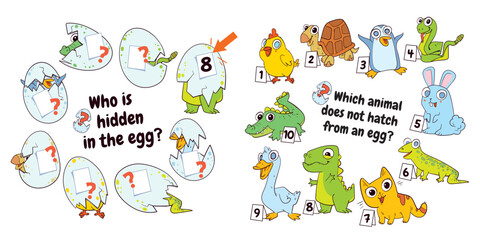 Who is hidden in the egg. Which animal does not hatch from an egg. Puzzle Hidden Items. Matching game. Educational game for children. Colorful cartoon characters. Funny vector illustration. Set