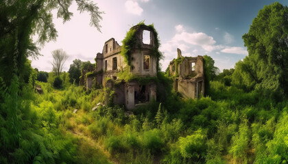 Naklejka premium Abandoned chapel in old ruin, spooky mystery generated by AI