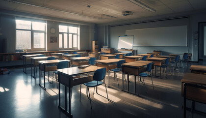 Fototapeta na wymiar Empty classroom with chairs in a row generated by AI
