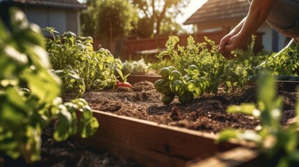 Fototapeta na wymiar Nurturing Nature: Organic Garden Bed Brimming with Healthy Plants. Generative AI