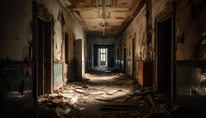 Fototapeta na wymiar Abandoned warehouse, spooky and dark with broken windows generated by AI