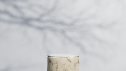 3D Podium Product Background with Round Marble and Tree Branch Shadow for Product Display or Product Display or Product Presentation