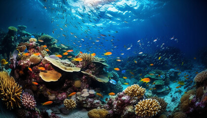 Tropical reef teeming with aquatic animals below generated by AI