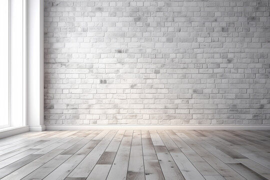brick wall background with wood floor, in the style of matte photo, light gray and white