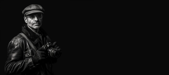 Black and white photorealistic studio portrait of a photographer holding a camera on black background. Generative AI illustration