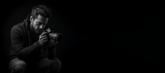 Black and white photorealistic studio portrait of a photographer holding a camera on black background. Generative AI illustration - obrazy, fototapety, plakaty