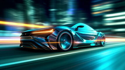 Obraz na płótnie Canvas Futuristic Sports Car On Neon Highway wallpaper. Powerful acceleration of a supercar on a night track with colorful lights and trails. illustration. Generative Ai