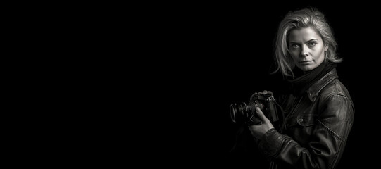 Fototapeta na wymiar Black and white photorealistic studio portrait of a photographer holding a camera on black background. Generative AI illustration