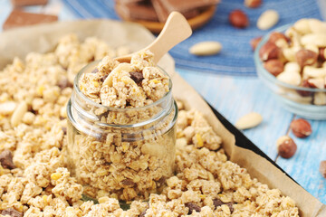 Homemade granola with nuts and chocolate