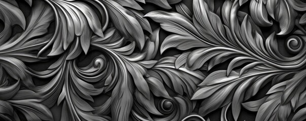 an Abstract Horizontal background, flowing waves of filagree, and flowers in carved Ebony. Liquid flow texture. dark Fluid art Abtract-themed, photorealistic illustrations in JPG. Generative AI